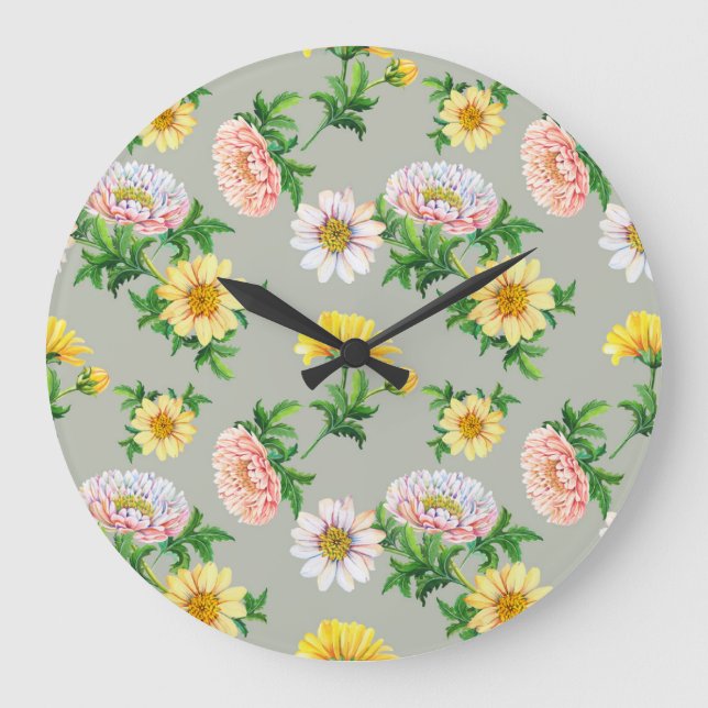 Grande Horloge Ronde Chrysanthèmes aquarelle, motif floral transparent (Recto)