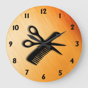 Grande Horloge Ronde Ciseaux et Peigne Rouille Orange