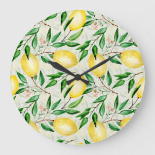 Grande Horloge Ronde citrons aquarelle, motif de fruits sans soudure.