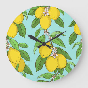 Grande Horloge Ronde Citrons, Arrière - plan Bleu Vibrant sans couture.