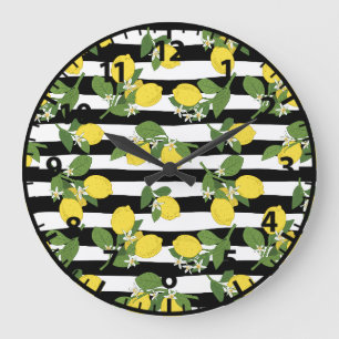 Grande Horloge Ronde Citrons Citrons Jaunes Rayures Noires