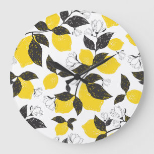 Grande Horloge Ronde Citrons Citrus, Vintage Été Sans Fil.