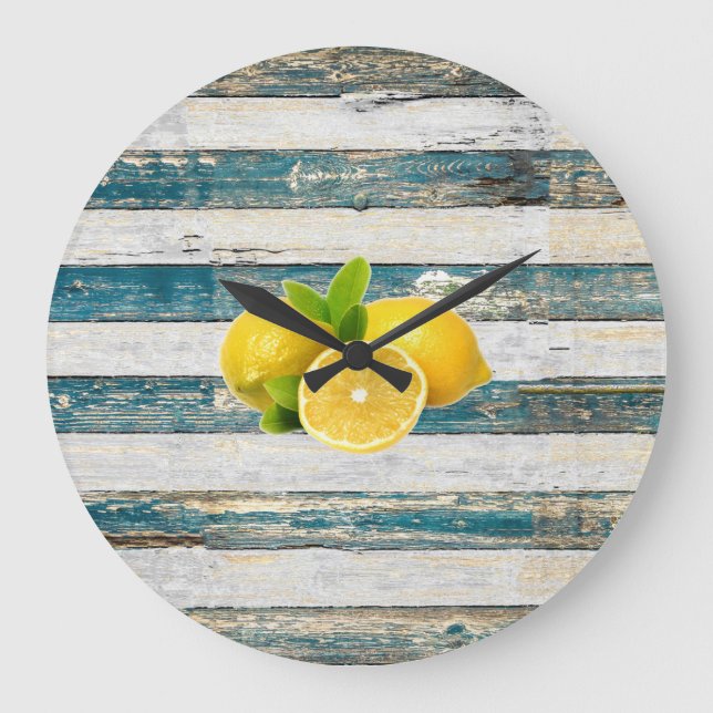 Grande Horloge Ronde Citrons rustiques (bleu) (Recto)