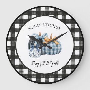 Grande Horloge Ronde Citrouille d'aquarelle bleu Buffalo Plaid