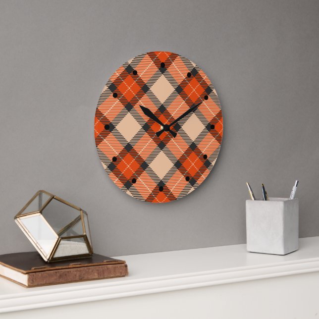 Grande Horloge Ronde Citrouille d'automne classique Orange Brown Tartan (Bureau)