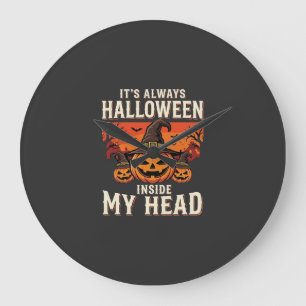 Grande Horloge Ronde Citrouille de Halloween toujours sorcière Design_1