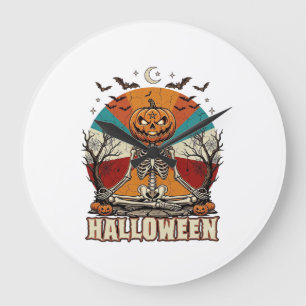 Grande Horloge Ronde Citrouille de méditation d'Halloween Squelette Rét