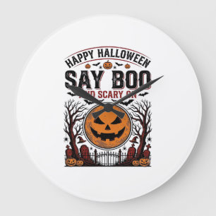 Grande Horloge Ronde Citrouille d'Halloween dit Boo Épouvantable Vintag