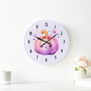 Grande Horloge Ronde Citrouille Pastel avec Étoiles Ambiance Mignonne e