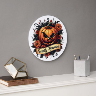 Grande Horloge Ronde Citrouille Vintage doucement hanté Halloween flo
