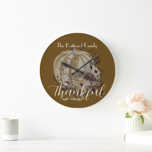 Grande Horloge Ronde Citrouille Whimsal Autumnal Floral Thankful