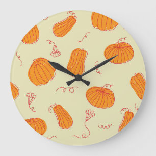 Grande Horloge Ronde Citrouilles d'automne : Doodle Orange Motif.