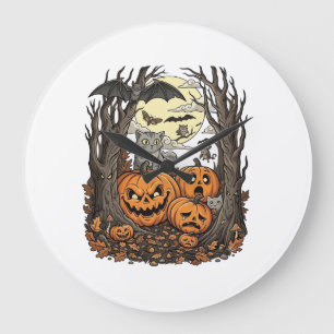 Grande Horloge Ronde Citrouilles d'Halloween Chat Gris Chauve-Souris Pl