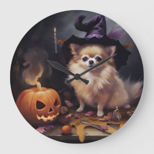 Grande Horloge Ronde Citrouilles effrayantes d'Halloween des Pomeranian