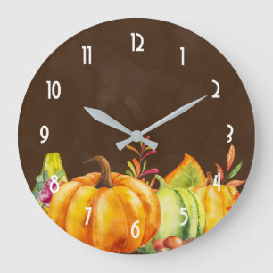 Grande Horloge Ronde Citrouilles, feuille et feuillage de récolte