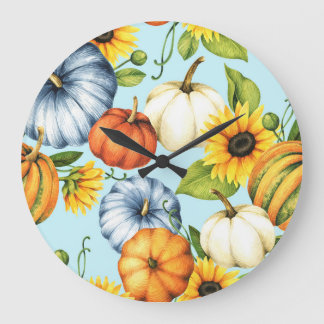 Grande Horloge Ronde Citrouilles, tournesols, aquarelle