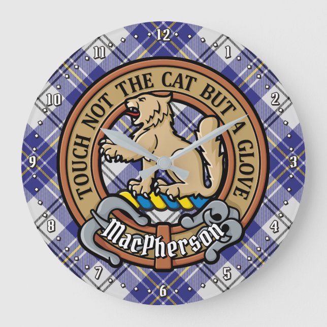 Grande Horloge Ronde Clan MacPherson Crest sur la robe bleue Tartan (Recto)