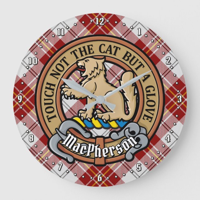 Grande Horloge Ronde Clan MacPherson Crest sur la robe rouge Tartan (Recto)