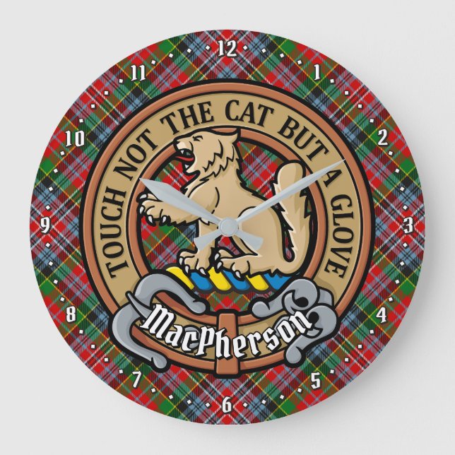 Grande Horloge Ronde Clan MacPherson Crest sur Tartan (Recto)