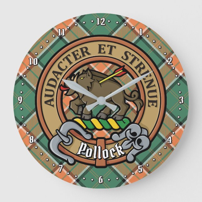 Grande Horloge Ronde Clan Pollock Crest sur Tartan (Recto)