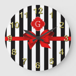 Grande Horloge Ronde Classic Black White Stripe, label rouge, Bow Ribbo