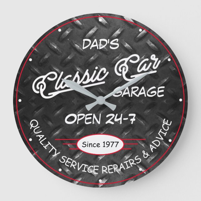 Grande Horloge Ronde Classic Car Garage Name Date Diamond Plate Image (Recto)