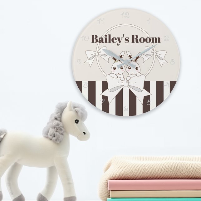 Grande Horloge Ronde Classique Moderne Stripe Cute Twin Bunny Enfants (Créateur téléchargé)