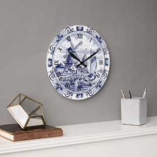 Grande Horloge Ronde Classique Vintage Chic Moulin Hollandais Delft Ble
