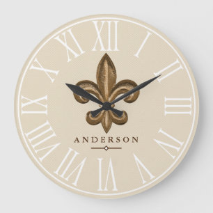 Grande Horloge Ronde Classy Gold Fleur de Lis & Taupe Personalized