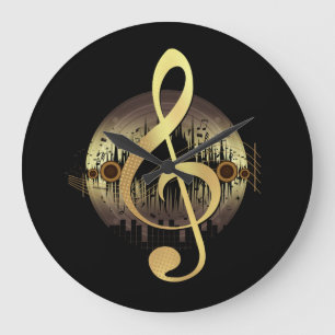 Grande Horloge Ronde Clé de Sol Dorée Vinyle Disque Music Lover Élégant