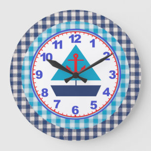 Grande Horloge Ronde Clock Blue Gingham Boy