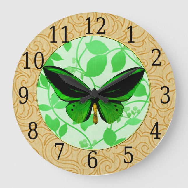 Grande Horloge Ronde Clock Green Butterfly on Green Leaves (Recto)