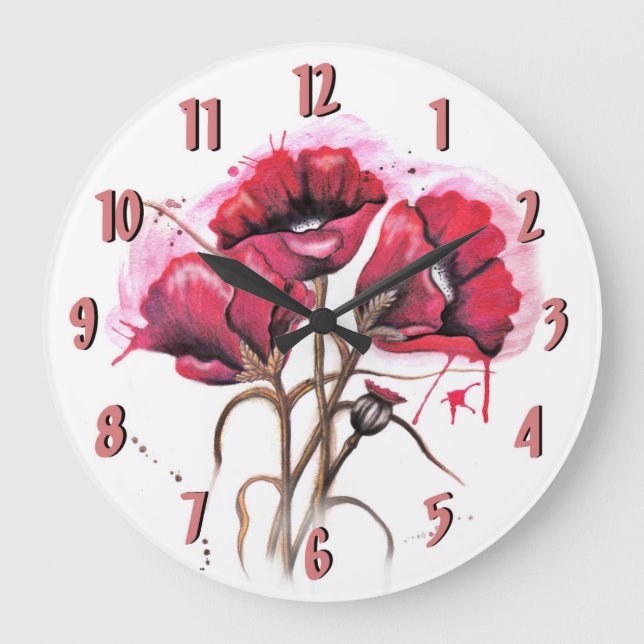 Grande Horloge Ronde Clock Red Watercolor Poppies (Recto)
