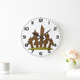 Grande Horloge Ronde Clôture en bois cassée Ferme rustique