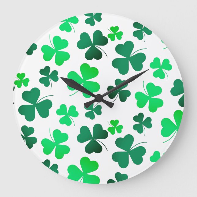 Grande Horloge Ronde Clover Shamrock feuille Floral moderne élégant (Recto)