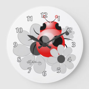 Grande Horloge Ronde Coccinelle mignonne et marguerites noires et
