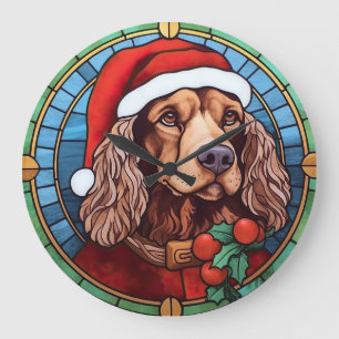 Grande Horloge Ronde Cocker Spaniel Vitrail de Noël
