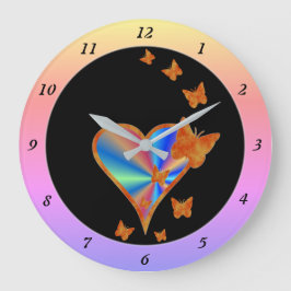 Grande Horloge Ronde Coeur arc-en-ciel et papillon
