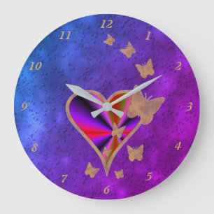 Grande Horloge Ronde Coeur arc-en-ciel et papillon