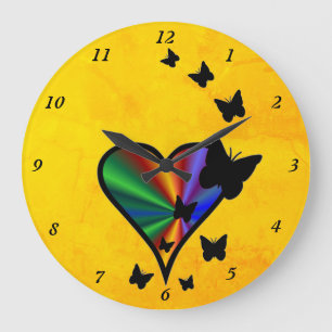 Grande Horloge Ronde Coeur arc-en-ciel et papillon