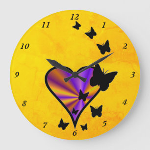 Grande Horloge Ronde Coeur arc-en-ciel et papillon