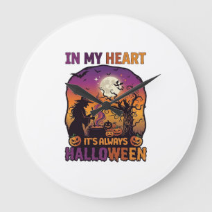Grande Horloge Ronde Coeur C'est toujours Halloween Sorcière Chaudron A