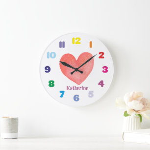Grande Horloge Ronde Coeur d'aquarelle personnalisé pour enfant