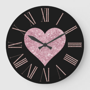 Grande Horloge Ronde Cœur en paillettes roses sur fond noir