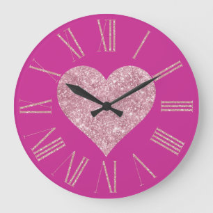 Grande Horloge Ronde Cœur en paillettes roses sur fuchsia
