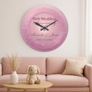 Grande Horloge Ronde Cœur Pailleté Rose Luxueux 50e Anniversaire de Mar