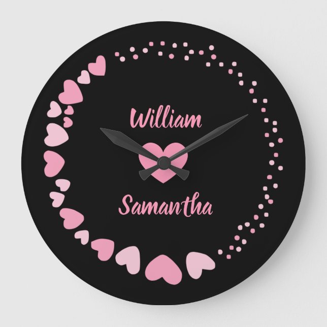 Grande Horloge Ronde Cœur romantique Nom de couple personnalisé Amour (Recto)