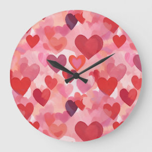 Grande Horloge Ronde Cœurs aquarelle rose et rouge Coquette romantique