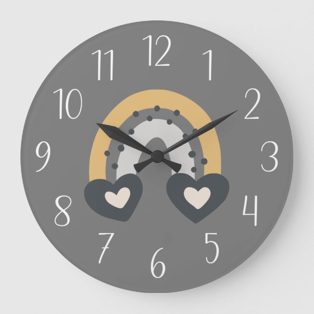 Grande Horloge Ronde Coeurs arc-en-ciel boho sur gris (Recto)