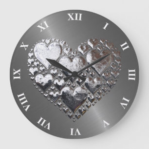 Grande Horloge Ronde Coeurs Argent Sur Acier Brossé